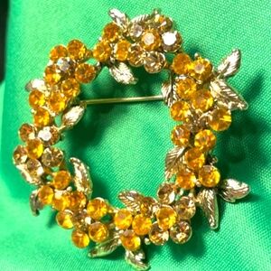 Karu Arke Inc Orange Amber Rhinestone Circle Brooch Pin Prong  #206009822852
